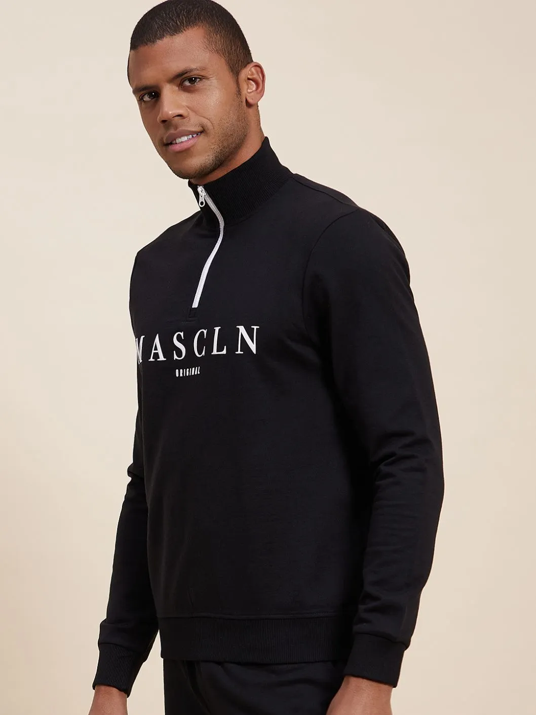 Men's Black High Neck Half Zipper MASCLN Sweatshirt