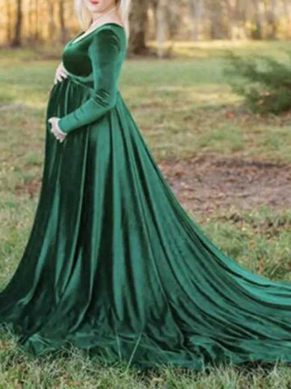 Momnfancy Pleuche Off Shoulder Long Sleeve Babyshower Mermaid Maternity Dress