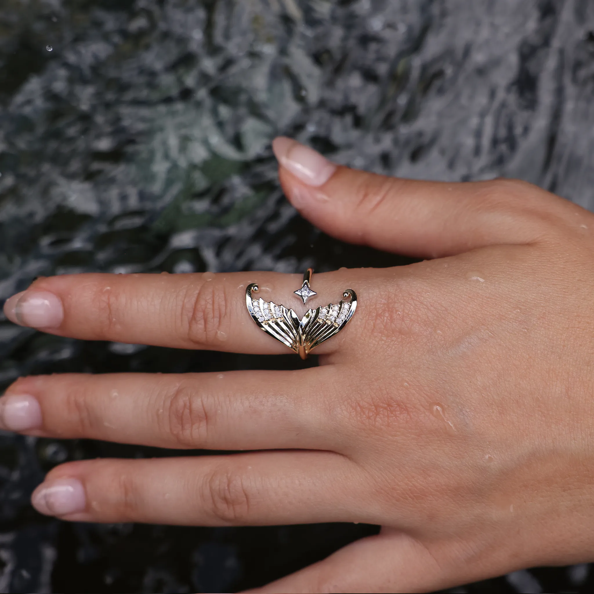 Moon Mermaid Ring in Two Tone Gold with Diamonds