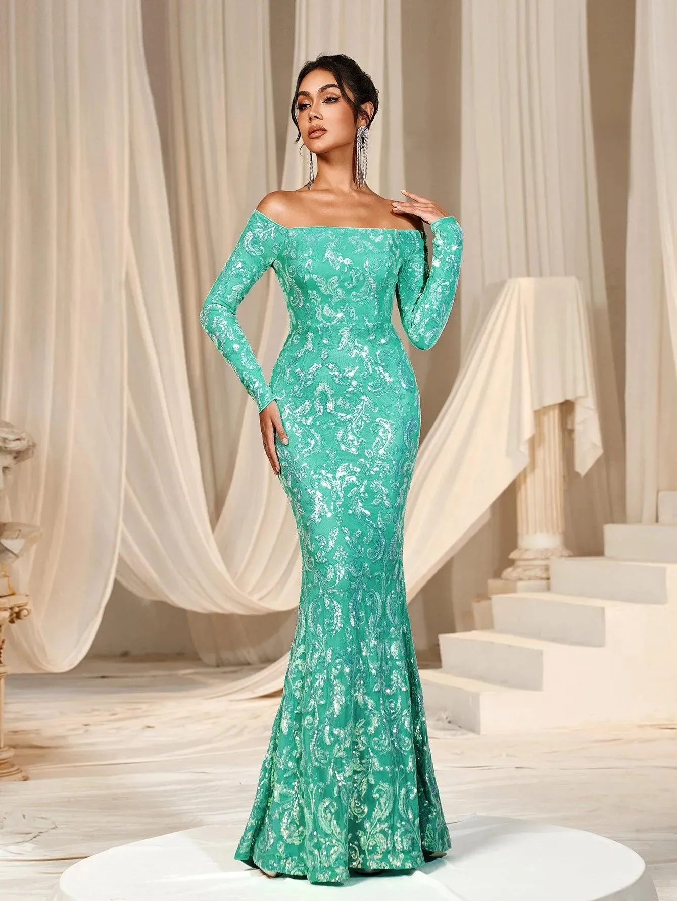 Off Shoulder Long Sleeve Mermaid Prom Dresses