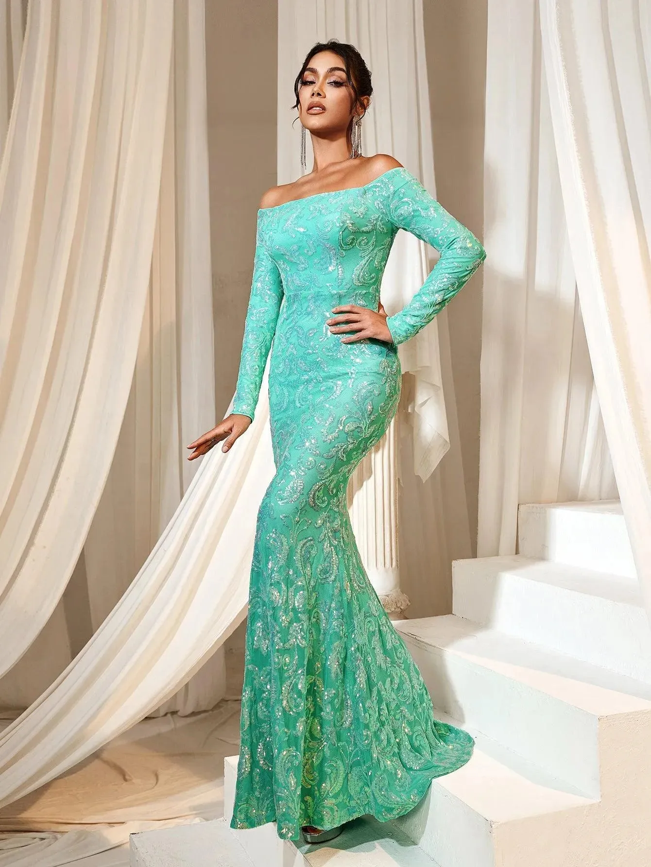 Off Shoulder Long Sleeve Mermaid Prom Dresses