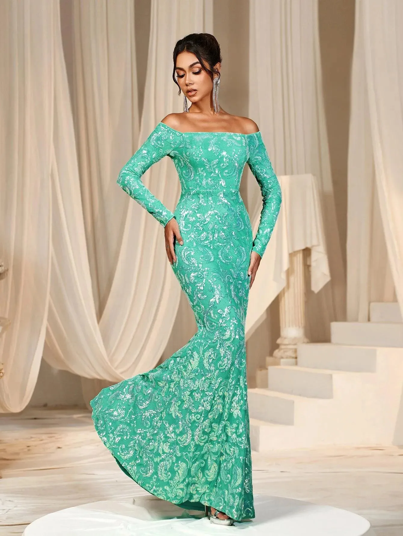 Off Shoulder Long Sleeve Mermaid Prom Dresses