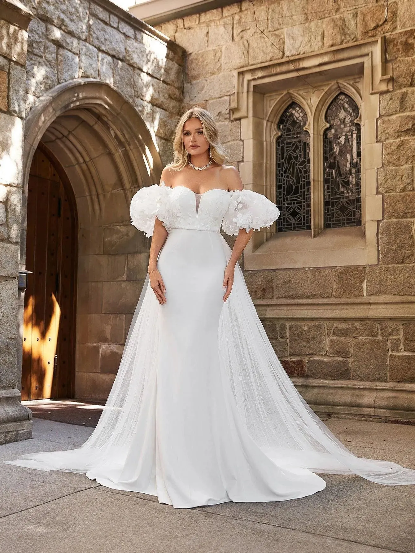 Off Shoulder Puff Sleeves Mesh Overlay Wedding Dress