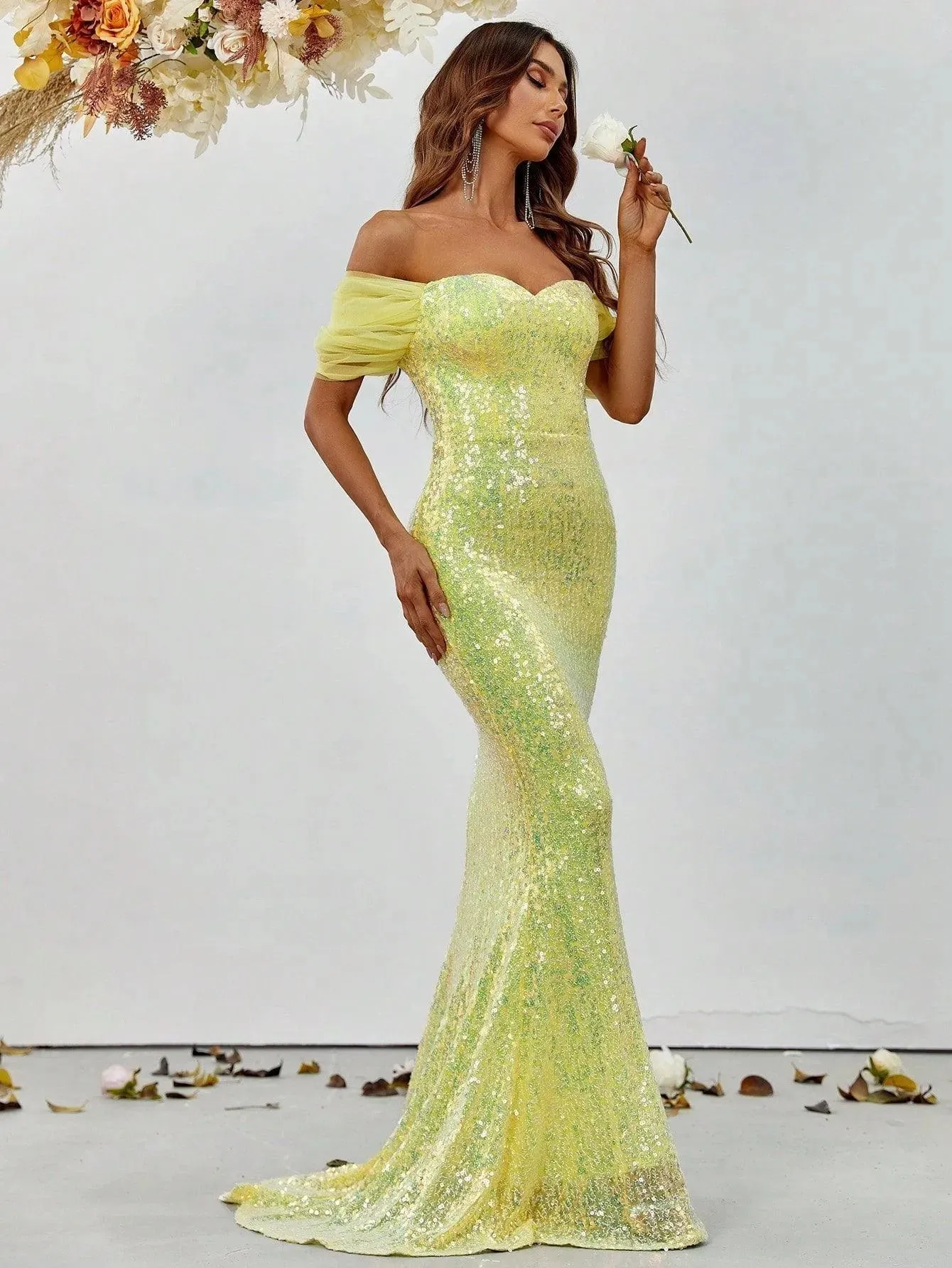 Off Shoulder Sweetheart Neck Sequin Mermaid Dress