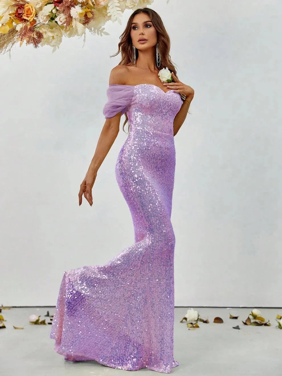 Off Shoulder Sweetheart Neck Sequin Mermaid Dress