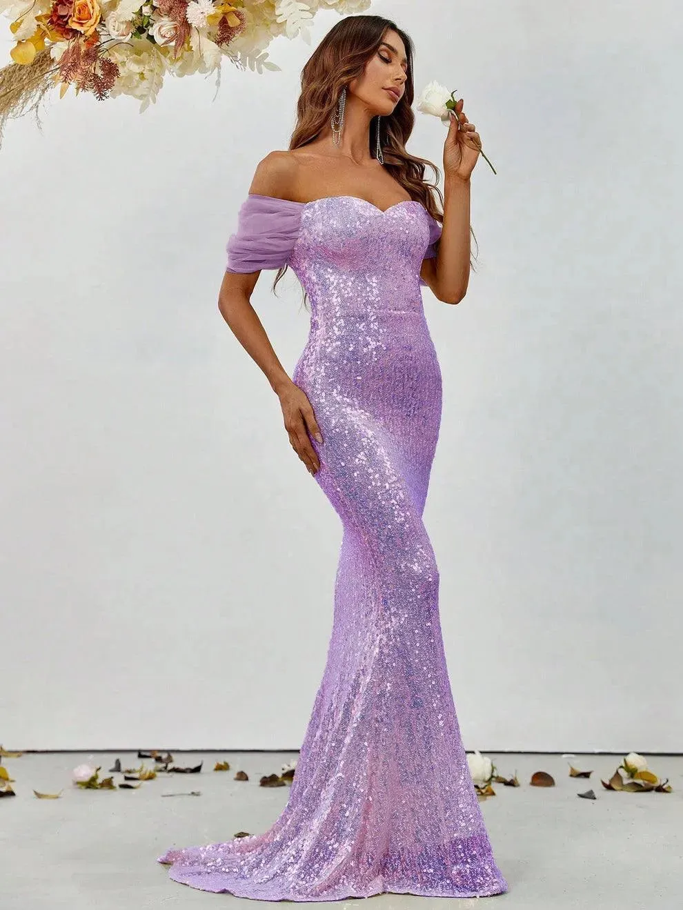 Off Shoulder Sweetheart Neck Sequin Mermaid Dress