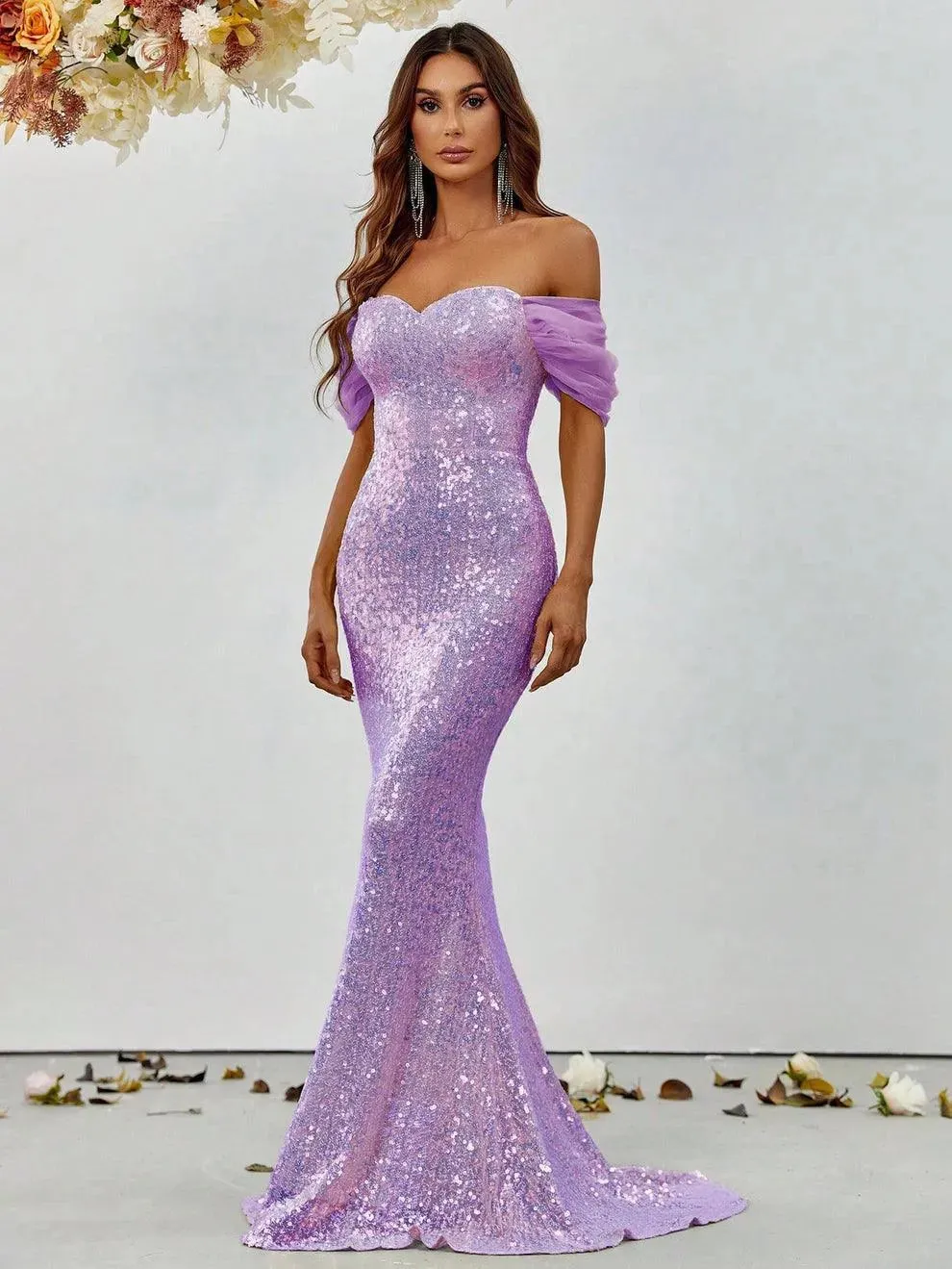 Off Shoulder Sweetheart Neck Sequin Mermaid Dress