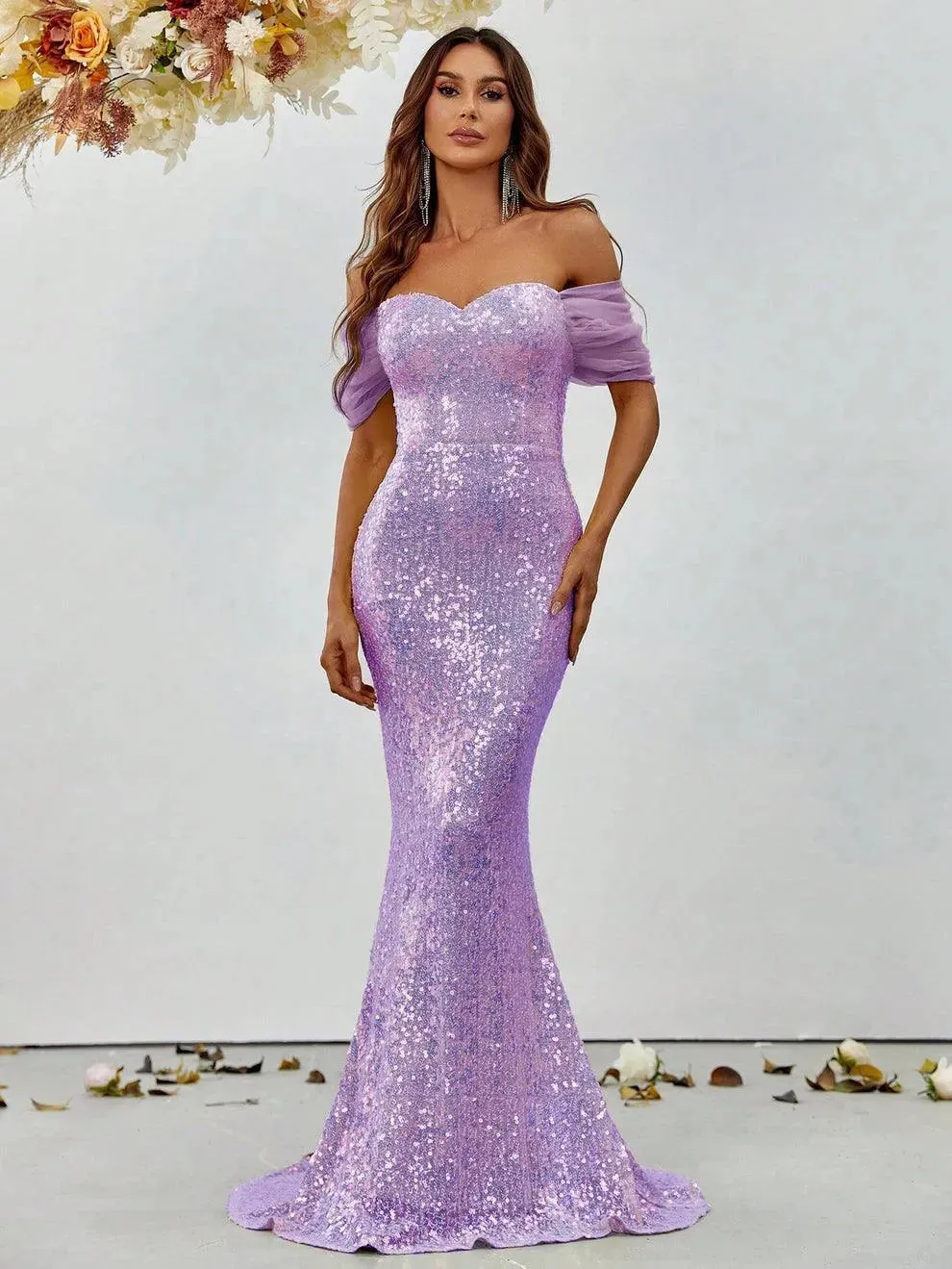 Off Shoulder Sweetheart Neck Sequin Mermaid Dress