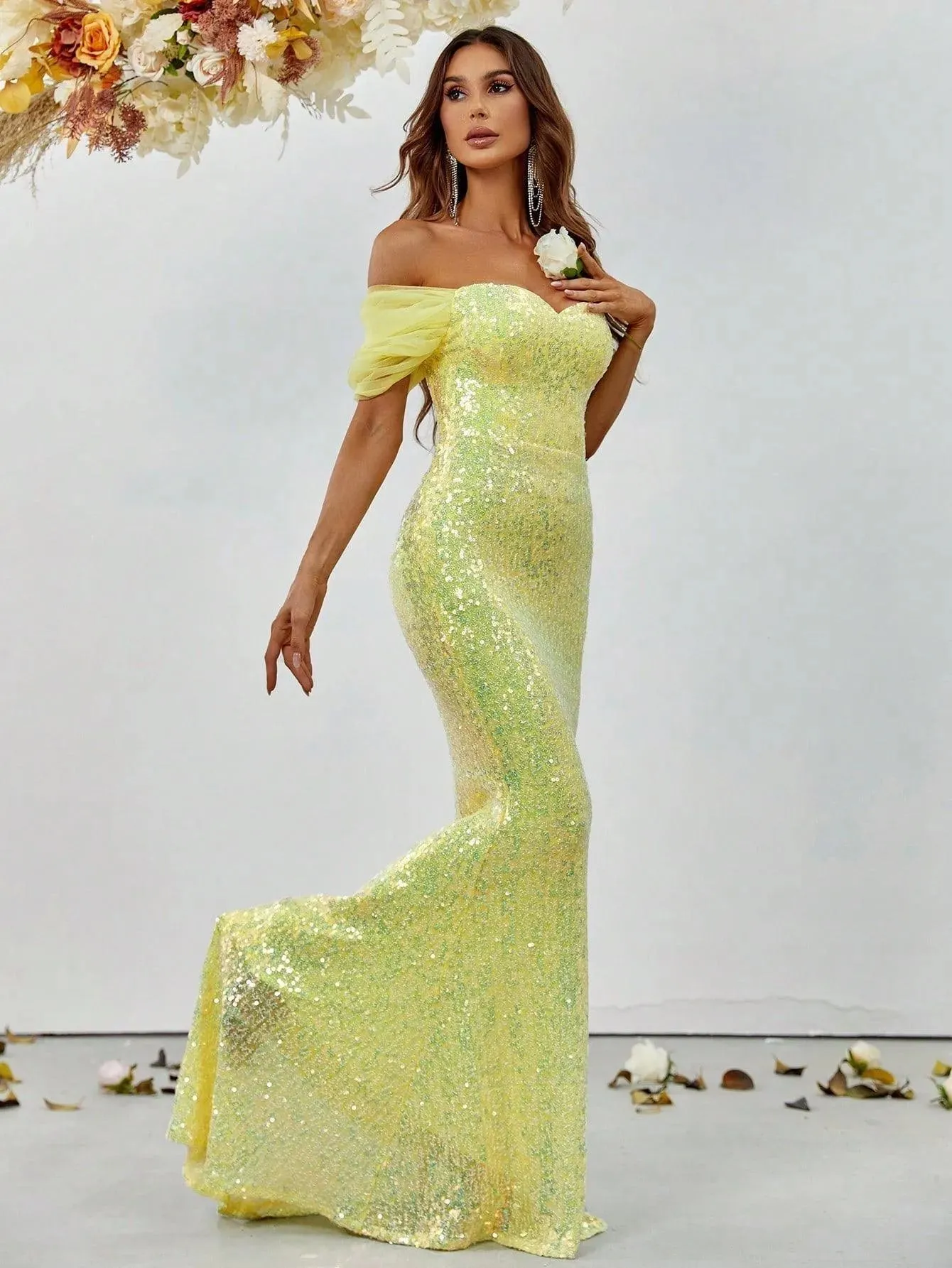 Off Shoulder Sweetheart Neck Sequin Mermaid Dress