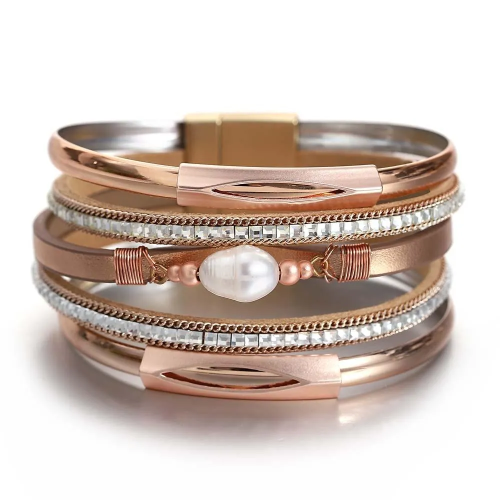 'Pearl' Charm & Rhinestones Cuff Bracelet - rose gold