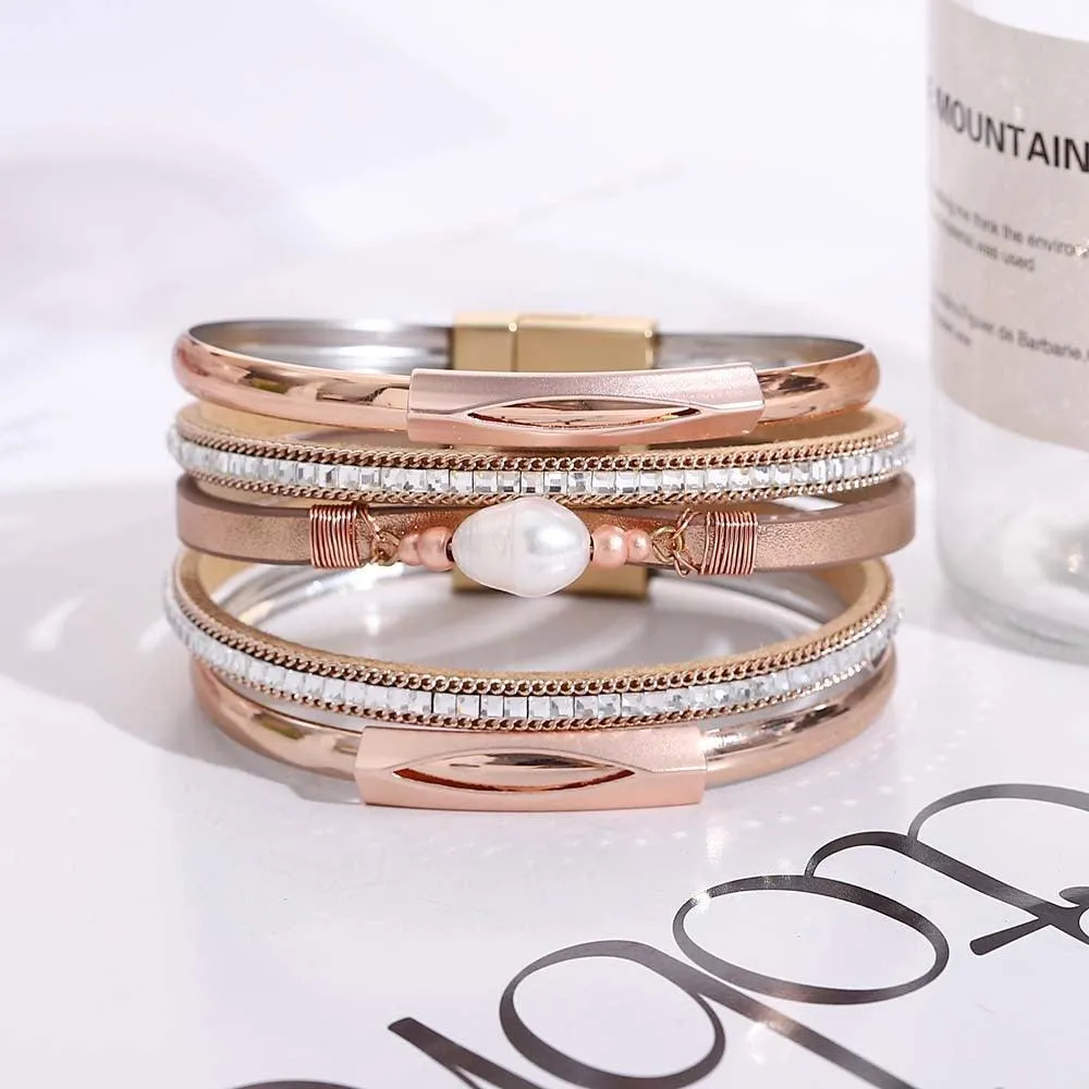 'Pearl' Charm & Rhinestones Cuff Bracelet - rose gold