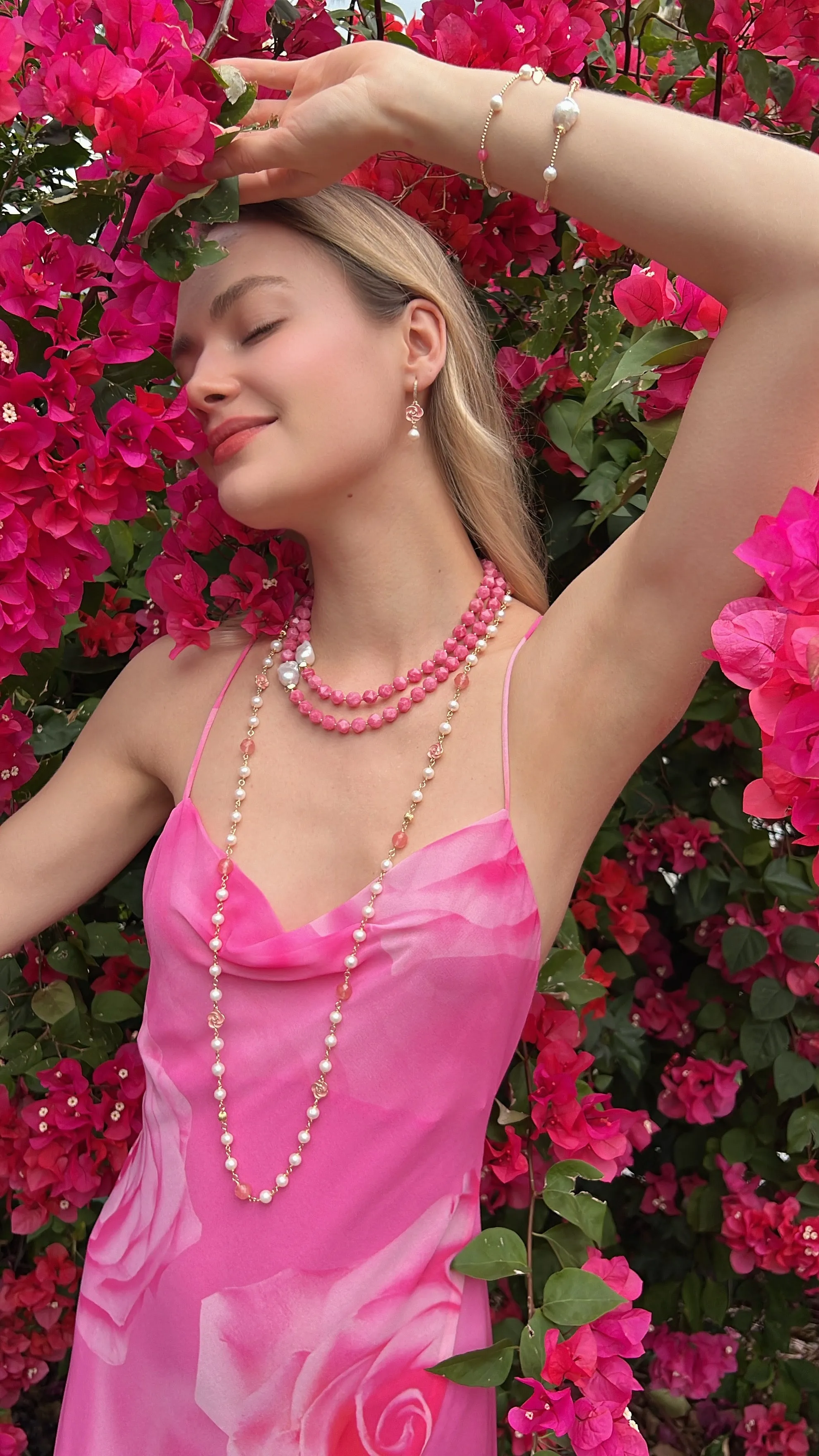 Pink Gemstone With Baroque Pearls Double Layers Necklace LN004