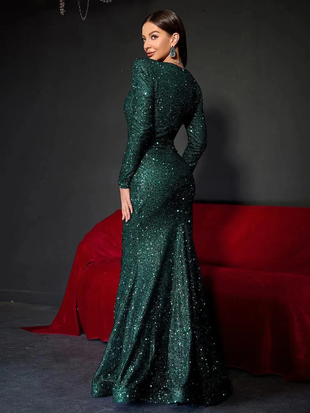 Plunging Neck Long Sleeve Sequin Mermaid Dresses