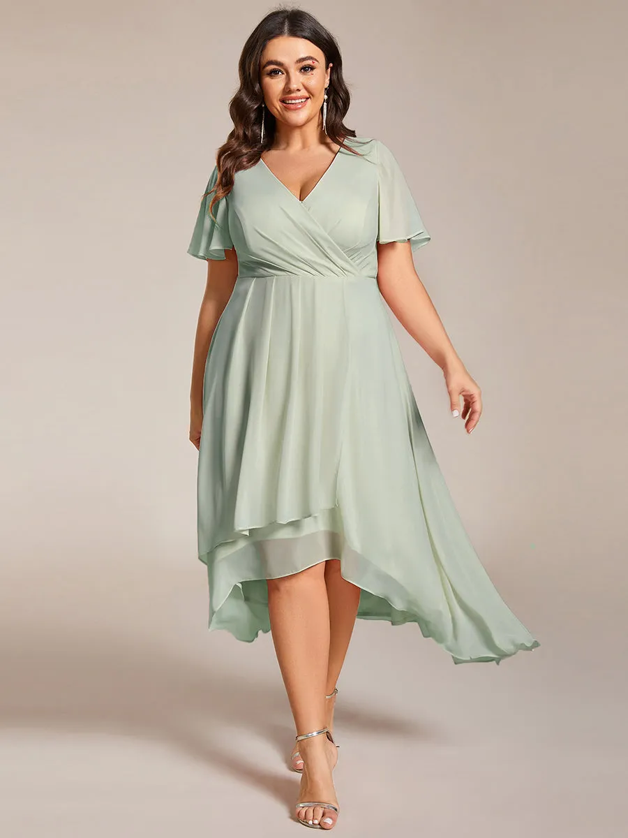 Plus V-Neck Midi Chiffon Wedding Guest Dresses with Ruffles Sleeve