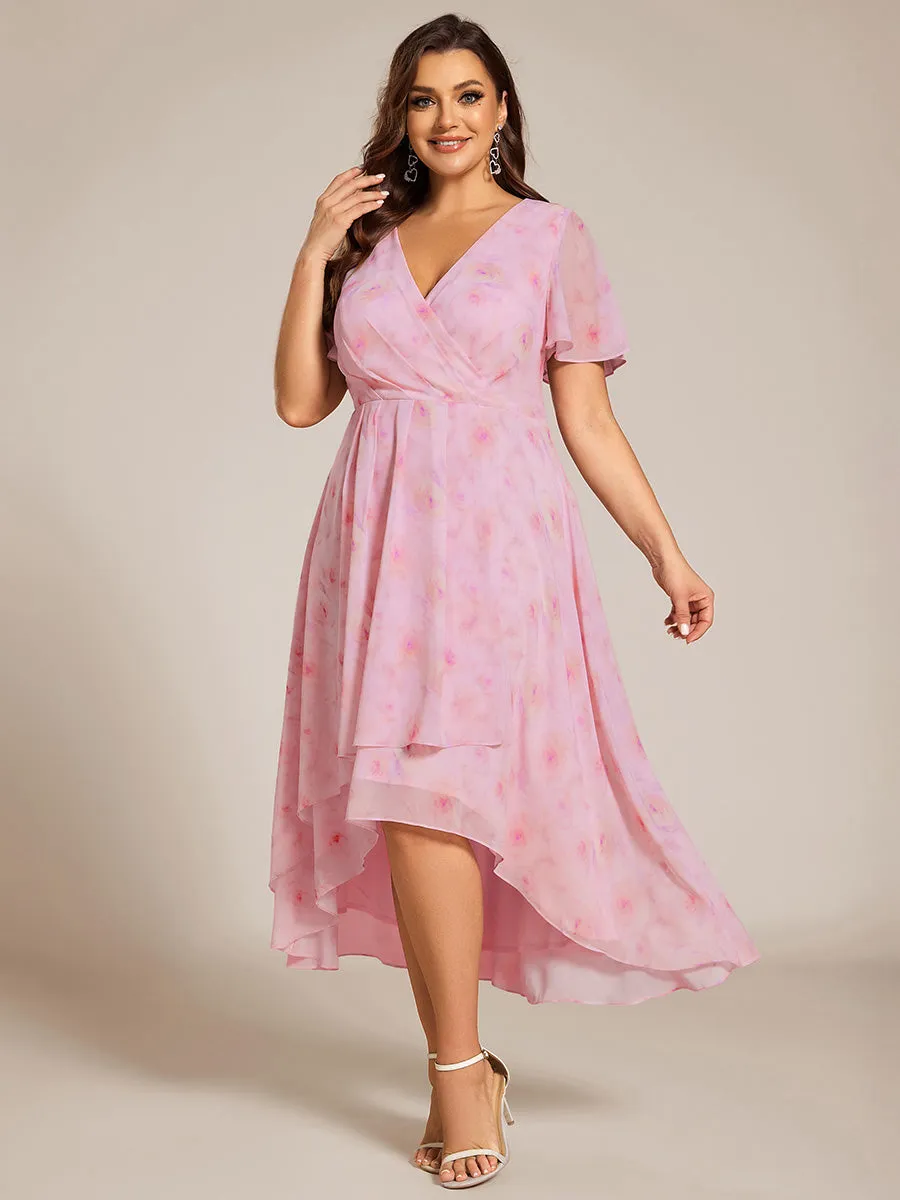 Plus V-Neck Midi Chiffon Wedding Guest Dresses with Ruffles Sleeve