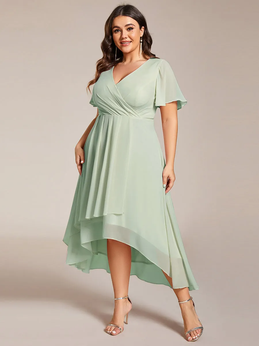 Plus V-Neck Midi Chiffon Wedding Guest Dresses with Ruffles Sleeve