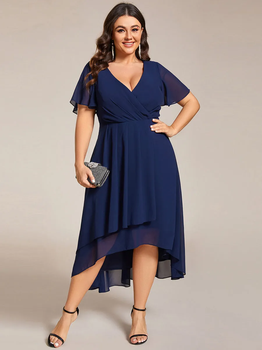 Plus V-Neck Midi Chiffon Wedding Guest Dresses with Ruffles Sleeve