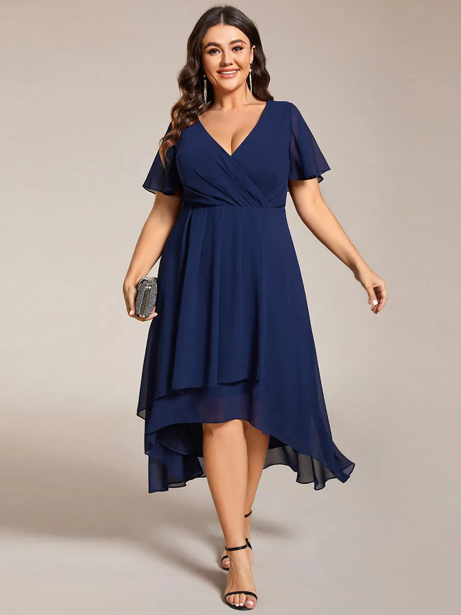 Plus V-Neck Midi Chiffon Wedding Guest Dresses with Ruffles Sleeve