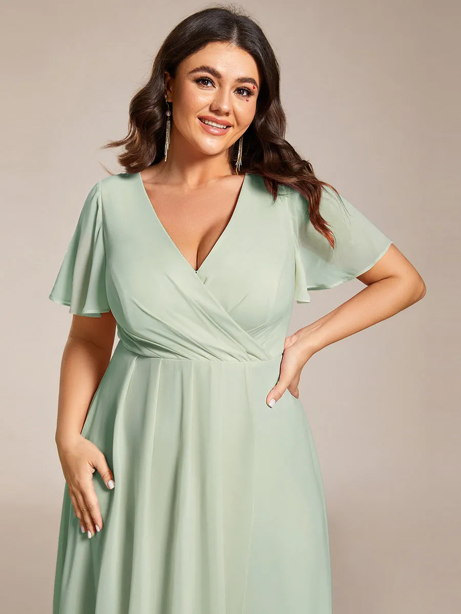 Plus V-Neck Midi Chiffon Wedding Guest Dresses with Ruffles Sleeve