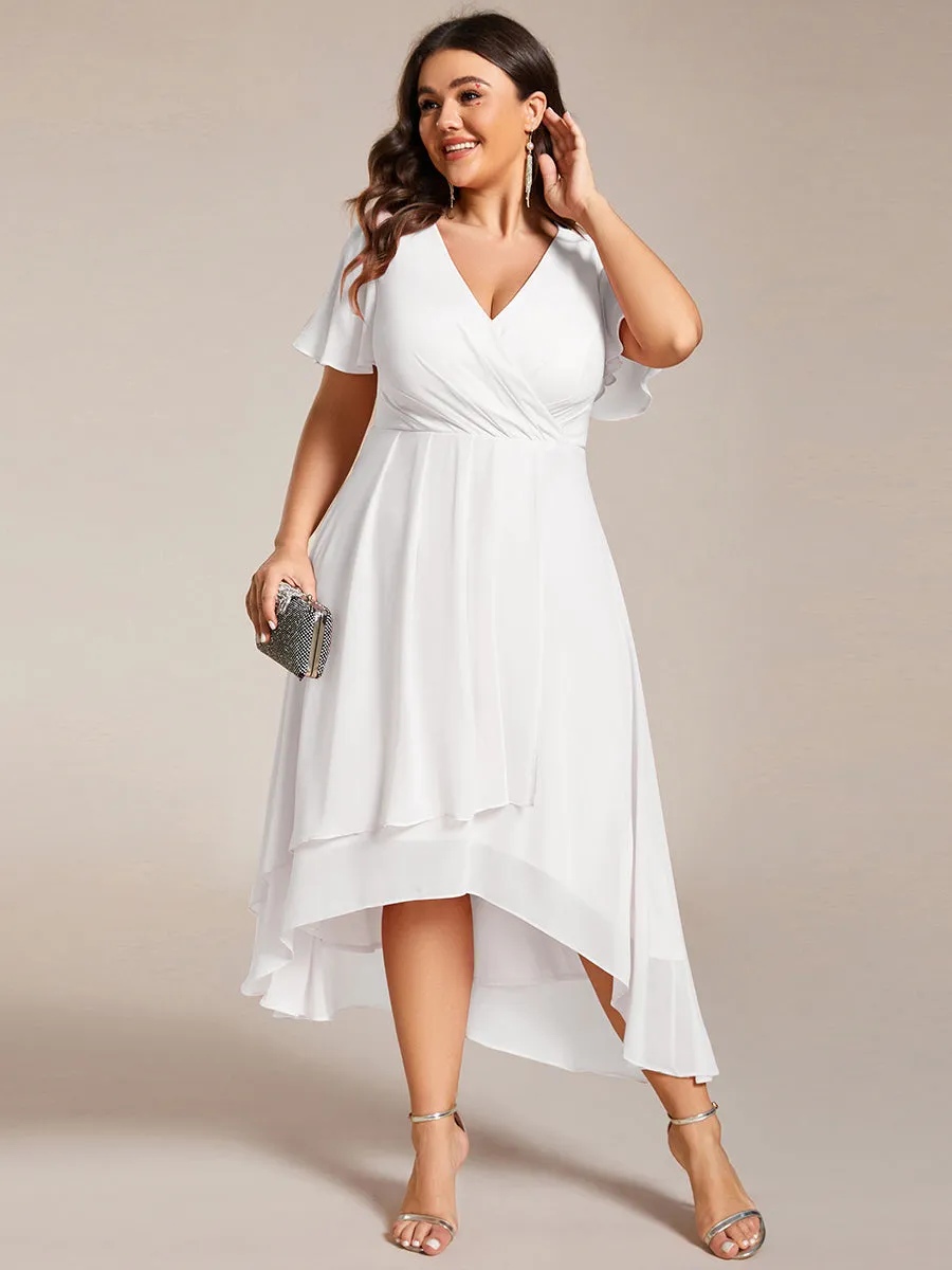 Plus V-Neck Midi Chiffon Wedding Guest Dresses with Ruffles Sleeve