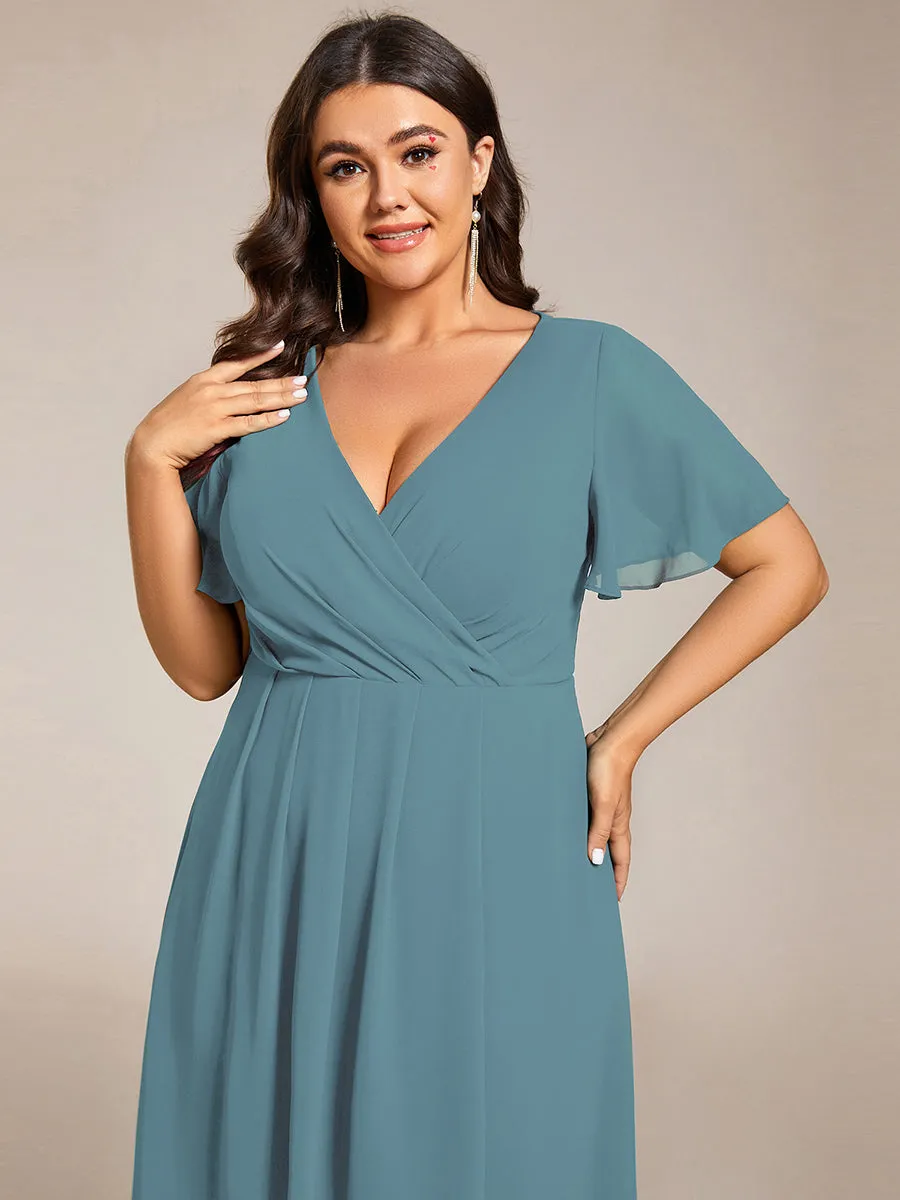 Plus V-Neck Midi Chiffon Wedding Guest Dresses with Ruffles Sleeve