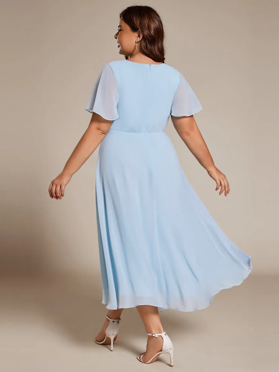 Plus V-Neck Midi Chiffon Wedding Guest Dresses with Ruffles Sleeve