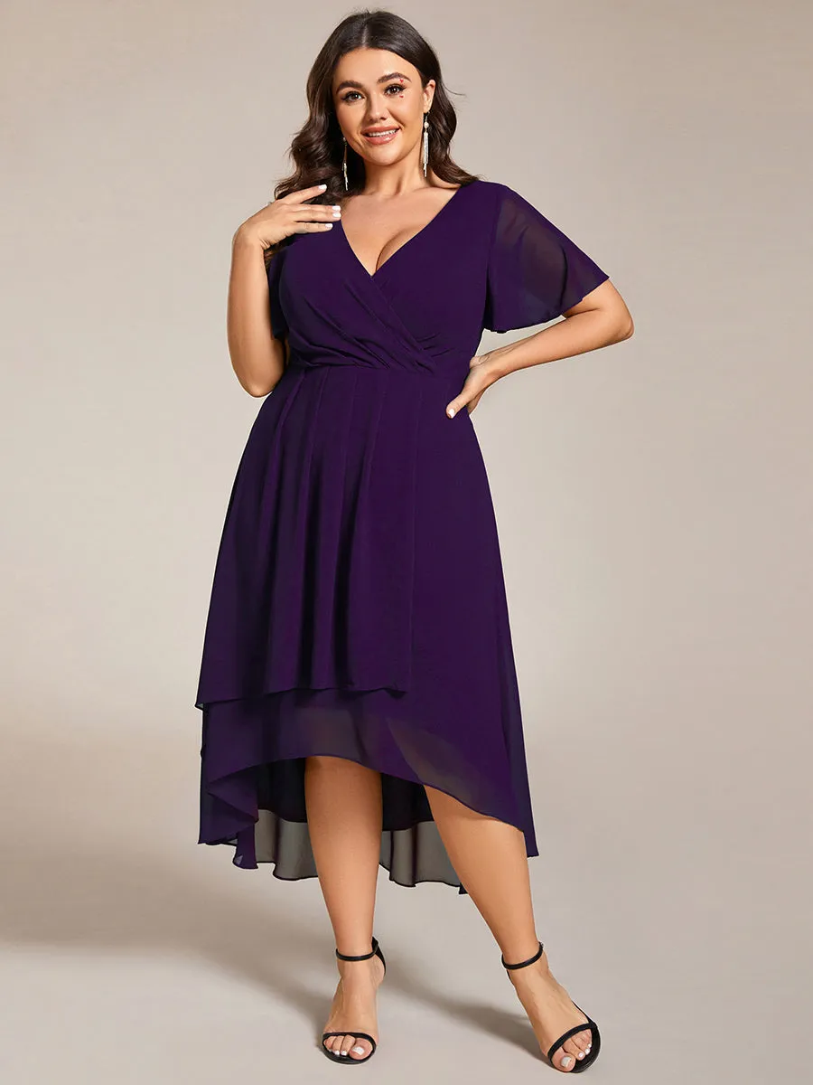 Plus V-Neck Midi Chiffon Wedding Guest Dresses with Ruffles Sleeve