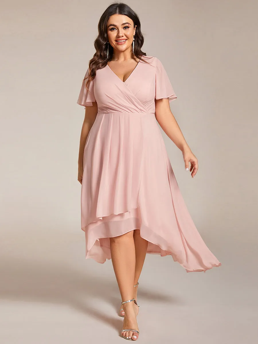 Plus V-Neck Midi Chiffon Wedding Guest Dresses with Ruffles Sleeve