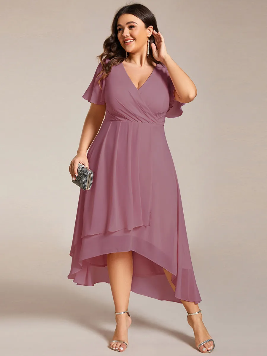 Plus V-Neck Midi Chiffon Wedding Guest Dresses with Ruffles Sleeve