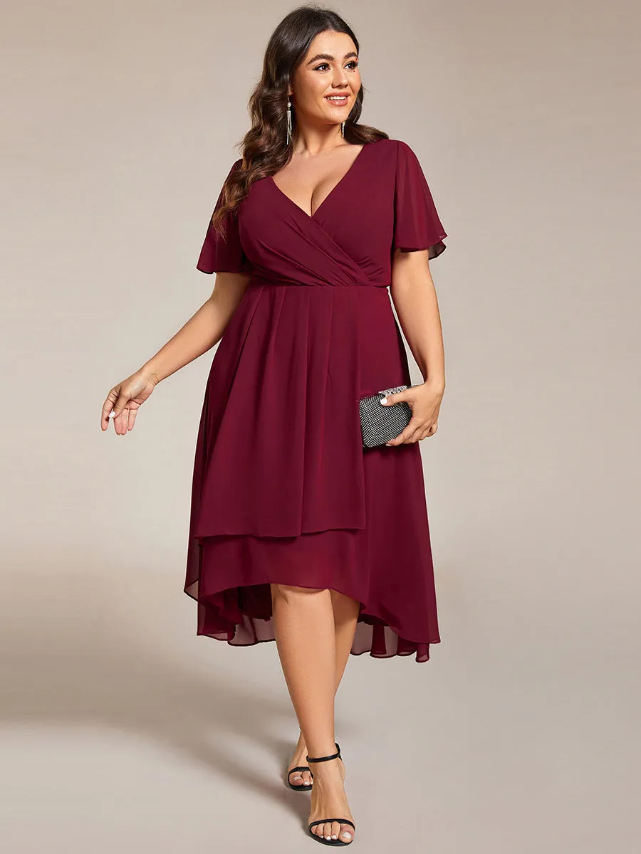 Plus V-Neck Midi Chiffon Wedding Guest Dresses with Ruffles Sleeve