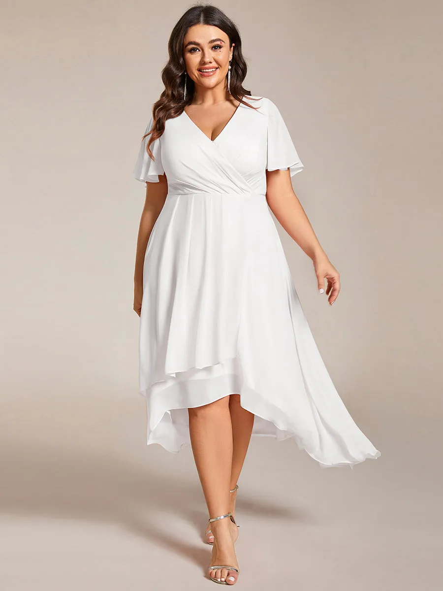 Plus V-Neck Midi Chiffon Wedding Guest Dresses with Ruffles Sleeve