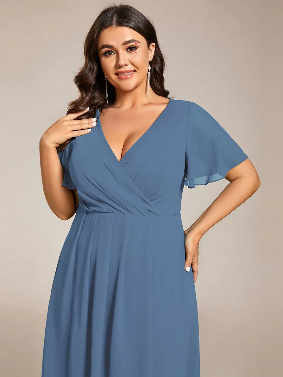 Plus V-Neck Midi Chiffon Wedding Guest Dresses with Ruffles Sleeve