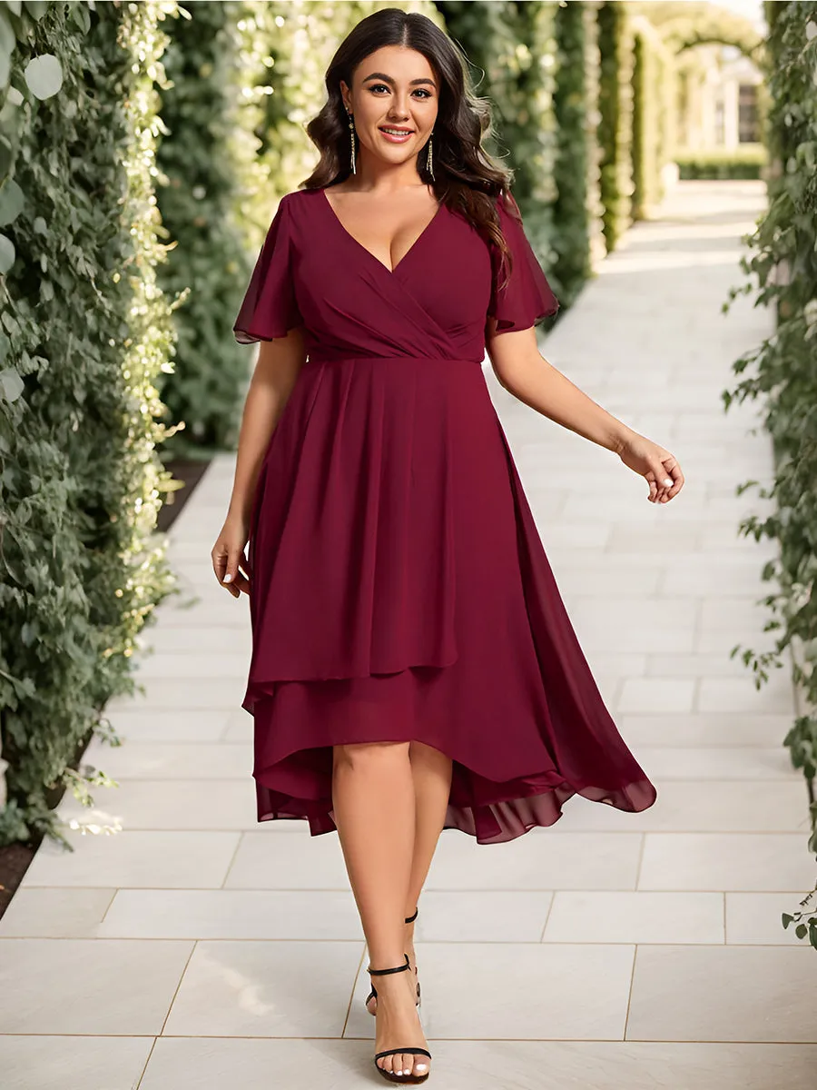 Plus V-Neck Midi Chiffon Wedding Guest Dresses with Ruffles Sleeve