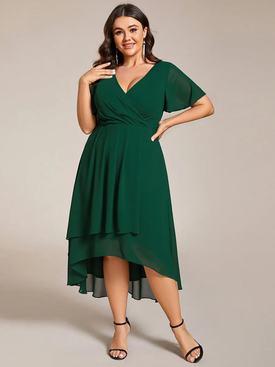 Plus V-Neck Midi Chiffon Wedding Guest Dresses with Ruffles Sleeve