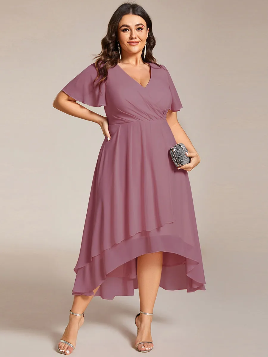 Plus V-Neck Midi Chiffon Wedding Guest Dresses with Ruffles Sleeve