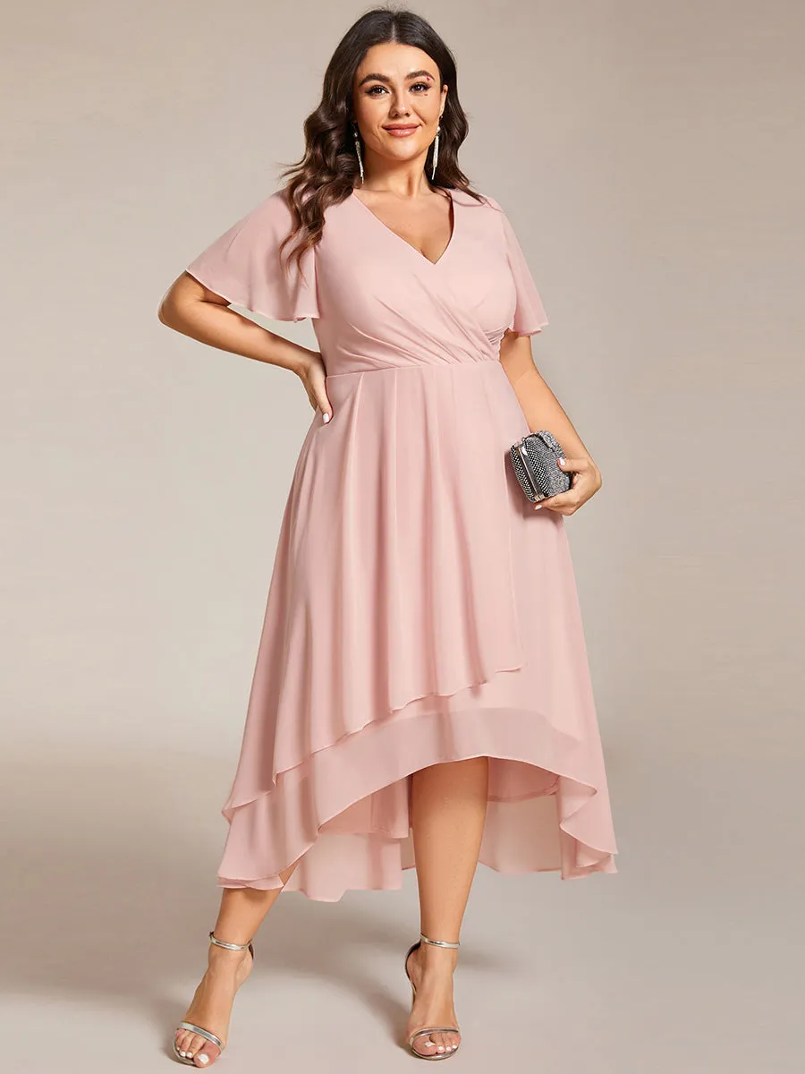 Plus V-Neck Midi Chiffon Wedding Guest Dresses with Ruffles Sleeve