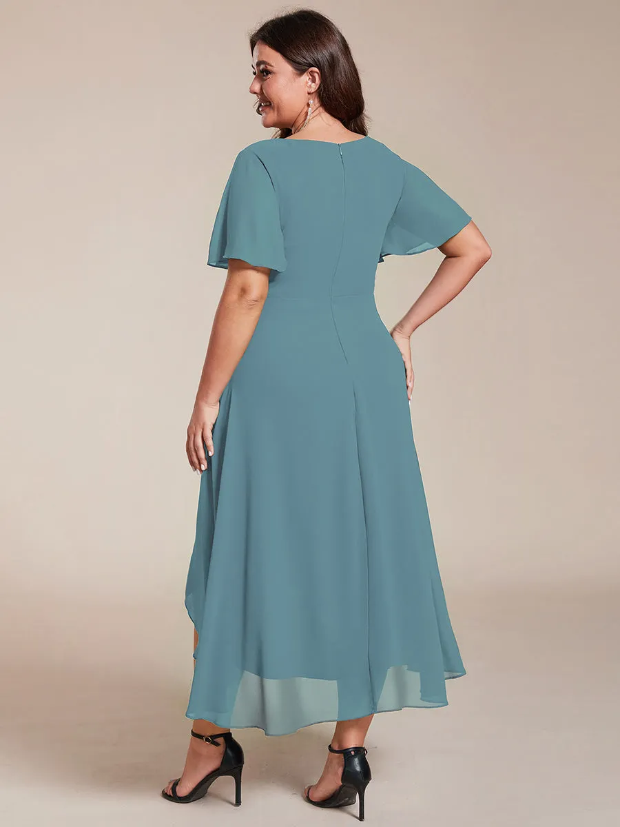 Plus V-Neck Midi Chiffon Wedding Guest Dresses with Ruffles Sleeve