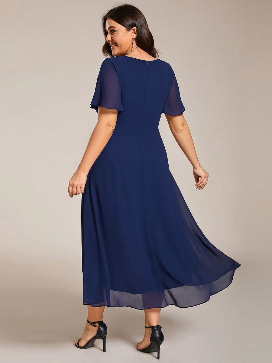 Plus V-Neck Midi Chiffon Wedding Guest Dresses with Ruffles Sleeve