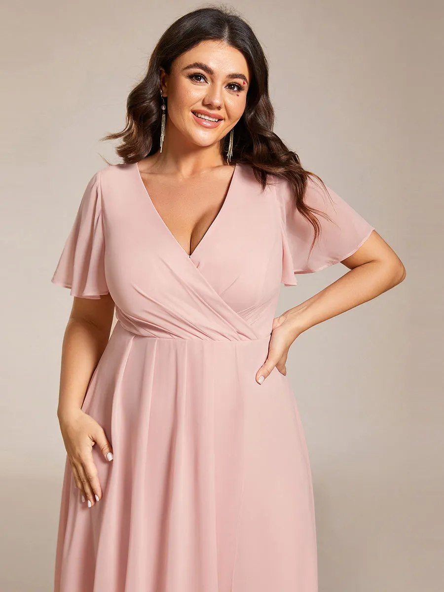 Plus V-Neck Midi Chiffon Wedding Guest Dresses with Ruffles Sleeve