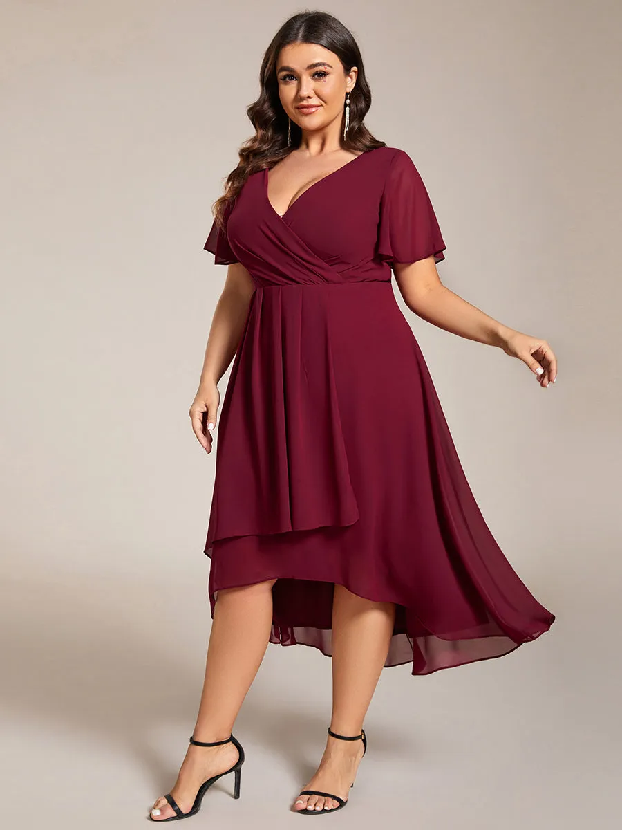 Plus V-Neck Midi Chiffon Wedding Guest Dresses with Ruffles Sleeve