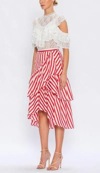 Red Striped Skirt With Tiered Ruffles