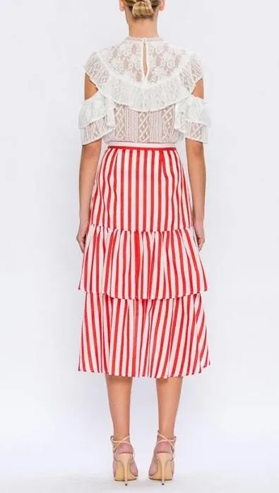 Red Striped Skirt With Tiered Ruffles