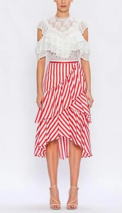 Red Striped Skirt With Tiered Ruffles