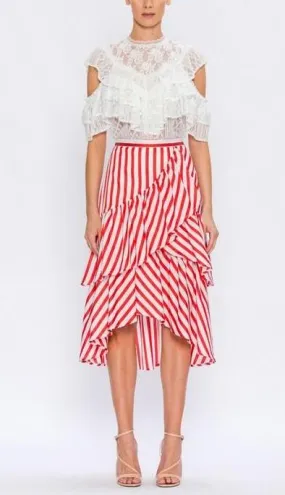 Red Striped Skirt With Tiered Ruffles