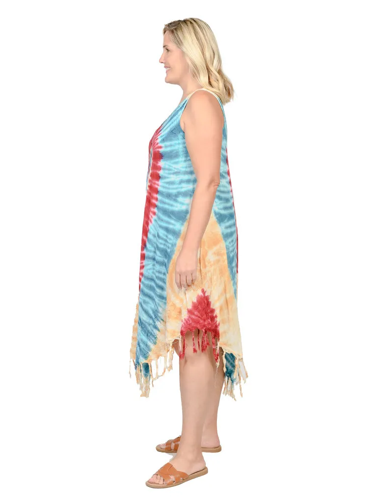 Umbrella dresses with fringed bottom in multicolor tie dye