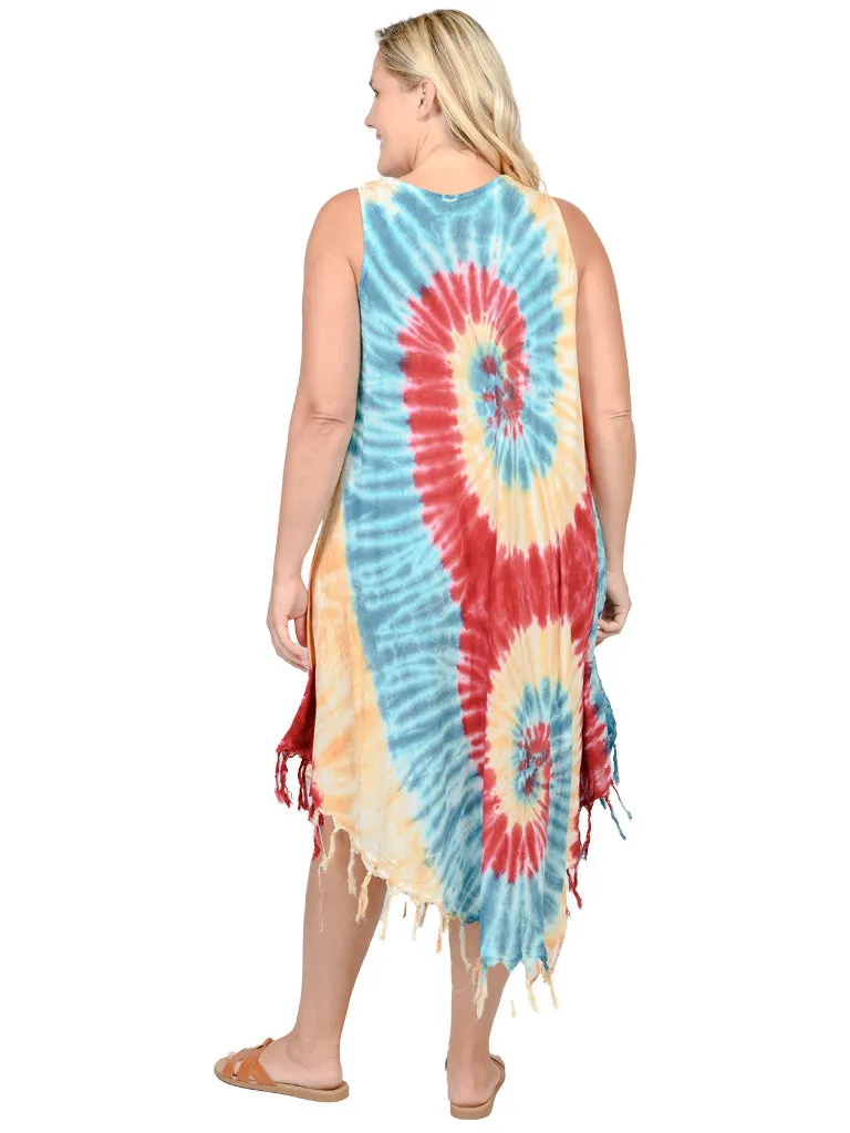 Umbrella dresses with fringed bottom in multicolor tie dye