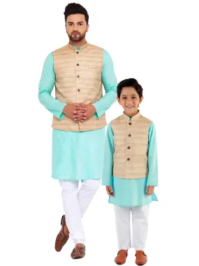 Vastramay Beige, Turquoise And White Baap Beta Nehru Jacket Kurta Pyjama set