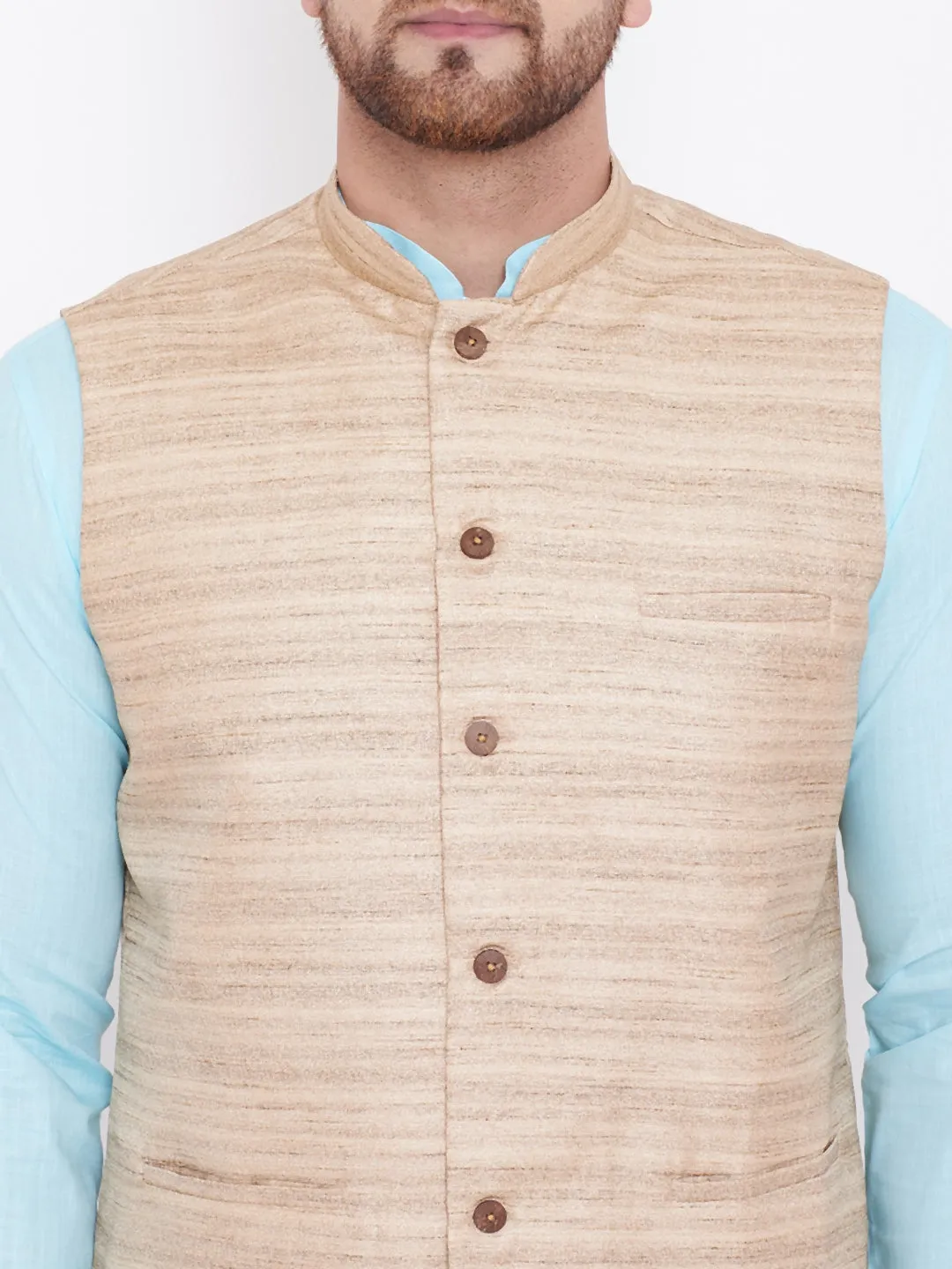 Vastramay Beige, Turquoise And White Baap Beta Nehru Jacket Kurta Pyjama set